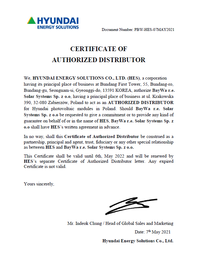 Certyfikat Hyundai Energy Solutions