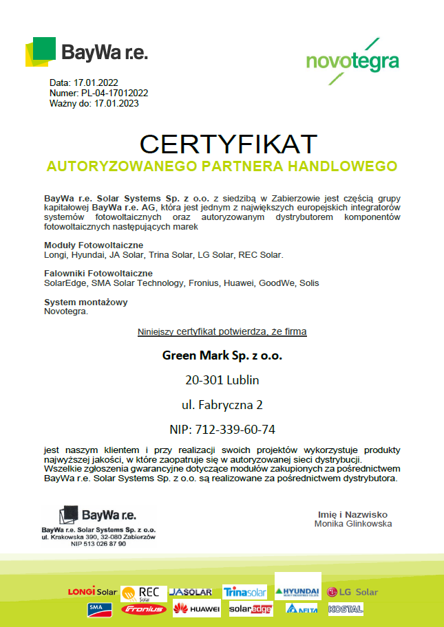 Certyfikat Solar System Green Mark